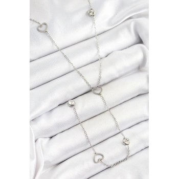 316L Çelik Zirkon Taşlı Kalp Figürlü Y Model Gümüş Renk Kadın Kolye