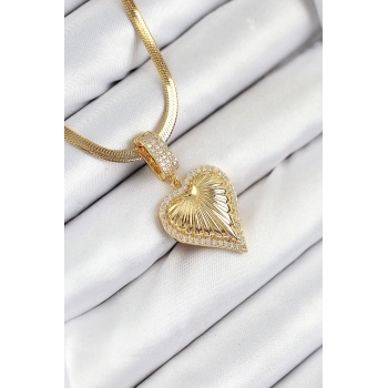 316L Çelik Zirkon Taşlı Kalp Model Gold Renk Kadın Kolye