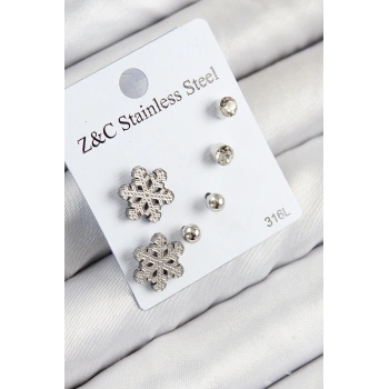 316L Çelik Zirkon Taşlı Kar Tanesi Model Gümüş Renk Kadın Set Küpe