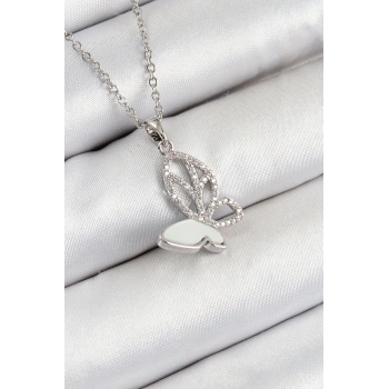 316L Çelik Zirkon Taşlı Kelebek Model Gümüş Renk Kadın Kolye