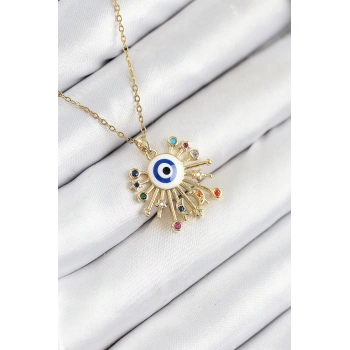 316L Çelik Zirkon Taşlı Nazar Model Gold Renk Kadın Kolye