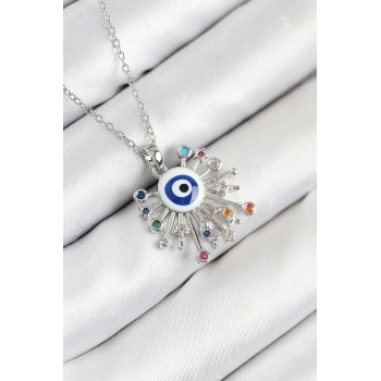 316L Çelik Zirkon Taşlı Nazar Model Gümüş Renk Kadın Kolye
