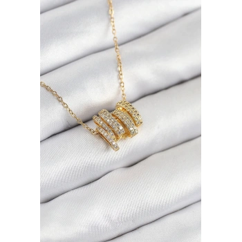 316L Çelik Zirkon Taşlı Sarmal Model Gold Renk Kadın Kolye