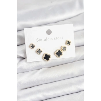 316L Çelik Zirkon Taşlı Yonca Model Kadın Küpe Seti