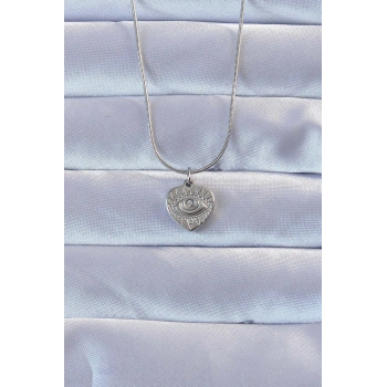 316L Gümüş Renk Zirkon Taşlı İşlemeli Göz Detay Kalp Kolye