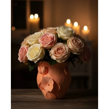 3D Kabartmalı Çiçek Motifli Turuncu Dekoratif Vazo