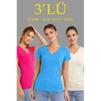 3lü V Yaka Tişört – Kısa Kollu Yazlık Slim Fit Body - Pembe, Açık Mavi, Ekru