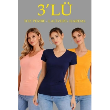 3lü V Yaka Tişört – Kısa Kollu Yazlık Slim Fit Body - Toz Pembe, Lacivert, Hardal