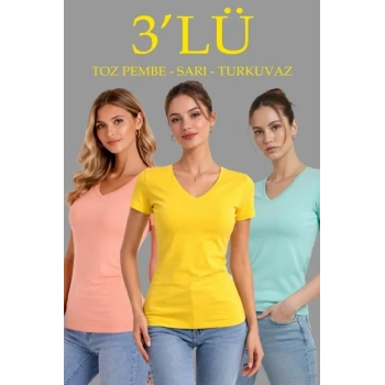 3lü V Yaka Tişört – Kısa Kollu Yazlık Slim Fit Body - Toz Pembe, Sarı, Turkuvaz