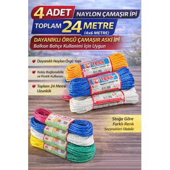 4 Adet Naylon Çamaşır İpi 6 Metre Dayanıklı Örgü Çamaşır Askı İpi Toplam 24 Metre