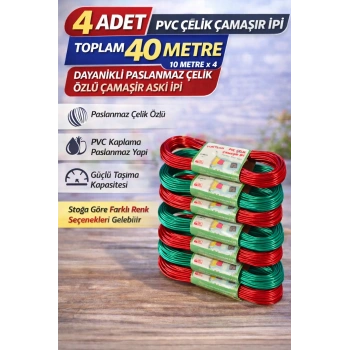 4 Adet PVC Çelik Çamaşır İpi 10 Metre Dayanıklı Çelik Özlü Çamaşır Askı İpi Toplam 40 Metre