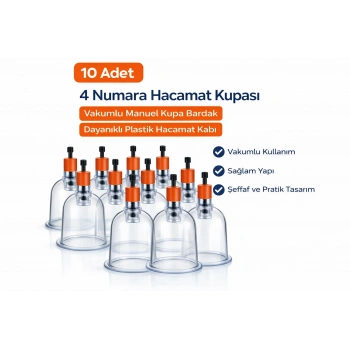 4 Numara Hacamat Kupası 10 Adet Vakumlu Manuel Kupa Bardak Dayanıklı Plastik Hacamat Kabı