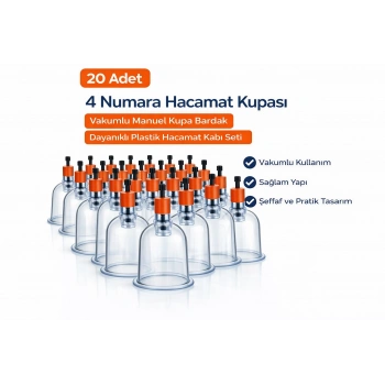 4 Numara Hacamat Kupası 20 Adet Vakumlu Manuel Kupa Bardak Dayanıklı Plastik Hacamat Kabı