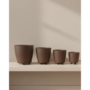 4’lü 3D Kahverengi Dekoratif Vazo Seti Modern Ayaklı Şık Saksı Takımı