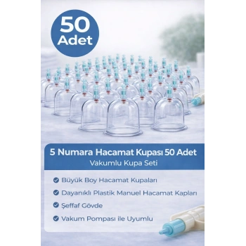 5 Numara Hacamat Kupası 50 Adet Vakumlu Kupa Seti – Manuel Pompa Uyumlu Şeffaf Plastik Büyük Boy Hacamat Kabı