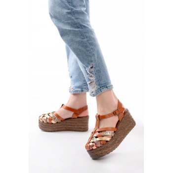 684-02 Taba Garni Ortopedik Hakiki Deri Dolgu Kadın Sandalet