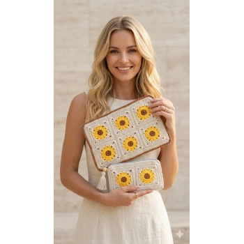 Ayçiçeği Motifli Örgü Çanta Seti
