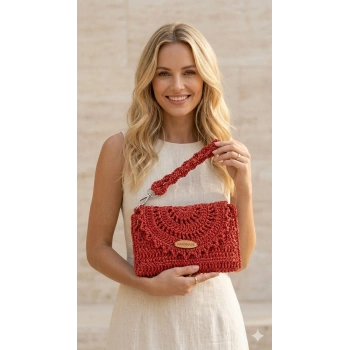 Kiremit Rengi El Örgüsü El ve Omuz Çantası