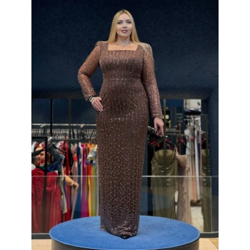Kahverengi Payetli Dantel Detaylı Abiye Elbise
