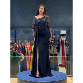 Lacivert Payet Detaylı Abiye Elbise