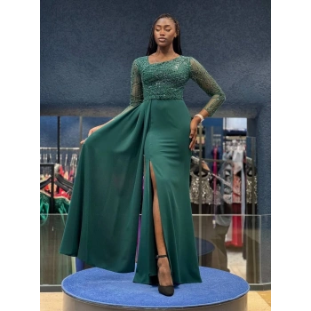 Yeşil Payet Detaylı Abiye Elbise