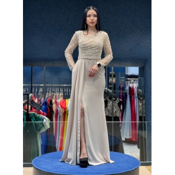 Krem Payet Detaylı Abiye Elbise