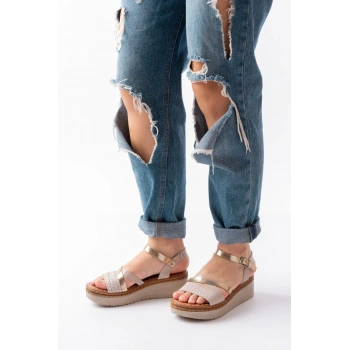 730-044 Bej Garni Ortopedik Örgü Desenli Hakiki Deri Dolgu Kadın Sandalet