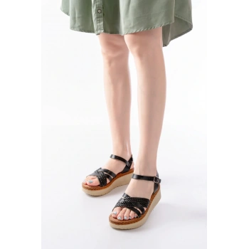 730-138 Siyah Örgü Hakiki Deri Ortopedik Taban Kadın Sandalet