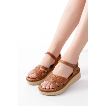 730-138 Taba Örgü Hakiki Deri Ortopedik Taban Kadın Sandalet