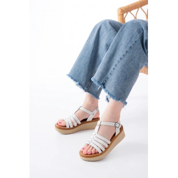 730-142 Beyaz Hakiki Deri Ortopedik Taban Kadın Sandalet