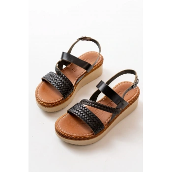 730-152 Siyah Ortopedik Hakiki Deri Dolgu Kadın Sandalet