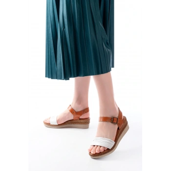 731-07 Beyaz Ortopedik Hakiki Deri Dolgu Kadın Sandalet