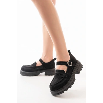 745-771 Siyah Süet Kadın Günlük Yüksek Tabanlı Loafer Ayakkabı