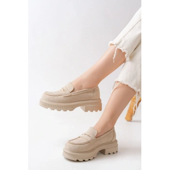 746-759 Bej Süet Günlük Yüksek Tabanlı Loafer Ayakkabı