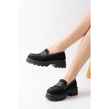 746-759 Siyah Süet Günlük Yüksek Tabanlı Loafer Ayakkabı