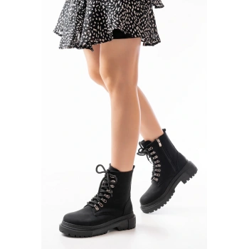812-2121 Siyah Zümrüt Bağcıklı Fermuarlı Günlük Kadın Bot