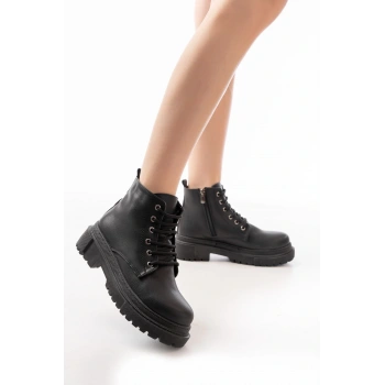 812-2129 Siyah Bağcıklı Fermuarlı Günlük Kadın Bot