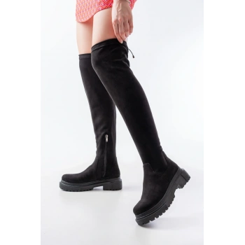 812-2194 Siyah Süet Fermuarlı Diz Üstü Bağcıklı Çorap Günlük Kadın Çizme