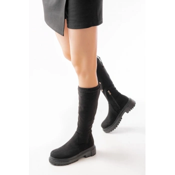 812-2291 Siyah Süet Fermuarlı Günlük Kadın Çizme