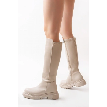812-305 Bej Arkası Streç Fermuarlı Günlük Kadın Çizme