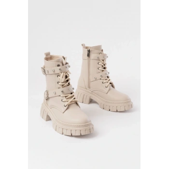 842-03 Bej Bağcıklı Kalın Tabanlı Bağcıklı Fermuarlı Günlük Kadın Bot