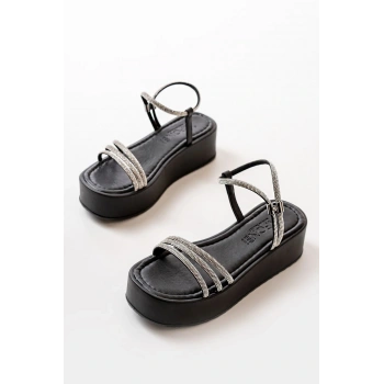 861-1100 Siyah Günlük Gümüş Taşlı Dolgu Kadın Sandalet