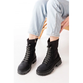 868-2006 Siyah Zümrüt Düz Topuklu Bağcıklı Fermuarlı Günlük Kadın Bot