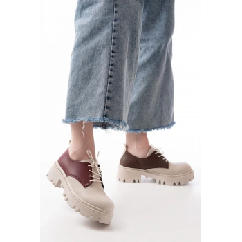 868-754 Bej Garni Bağcıklı Günlük Yüksek Tabanlı Loafer Ayakkabı