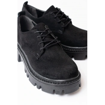 868-754 Siyah Süet Bağcıklı Günlük Yüksek Tabanlı Loafer Ayakkabı