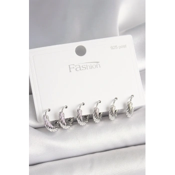 925 Ayar Gümüş Çivi Pirinç Gümüş Renk İşlemeli Halka Model Kadın Küpe Seti