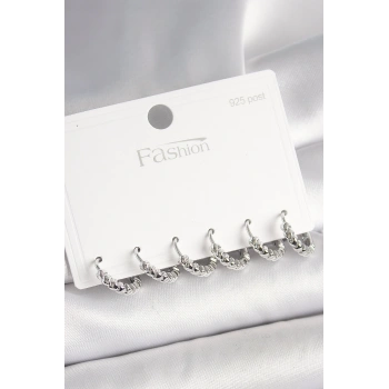 925 Ayar Gümüş Çivi Pirinç Gümüş Renk Kalp İşlemeli Halka Model Kadın Küpe Seti