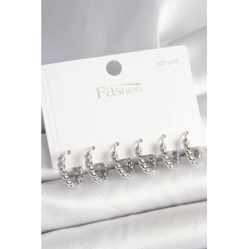 925 Ayar Gümüş Çivi Pirinç Gümüş Renk Sarmal Halka Model Kadın Küpe Seti