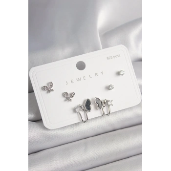 925 Ayar Gümüş Çivi Pirinç Gümüş Renk Zirkon Taşlı Kelebek Model Kadın Küpe Seti