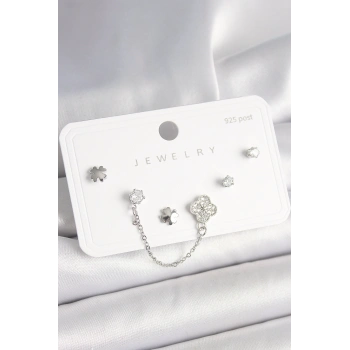 925 Ayar Gümüş Çivi Pirinç Gümüş Renk Zirkon Taşlı Yonca Model Sallantı Zincir Detay Kadın Küpe Seti